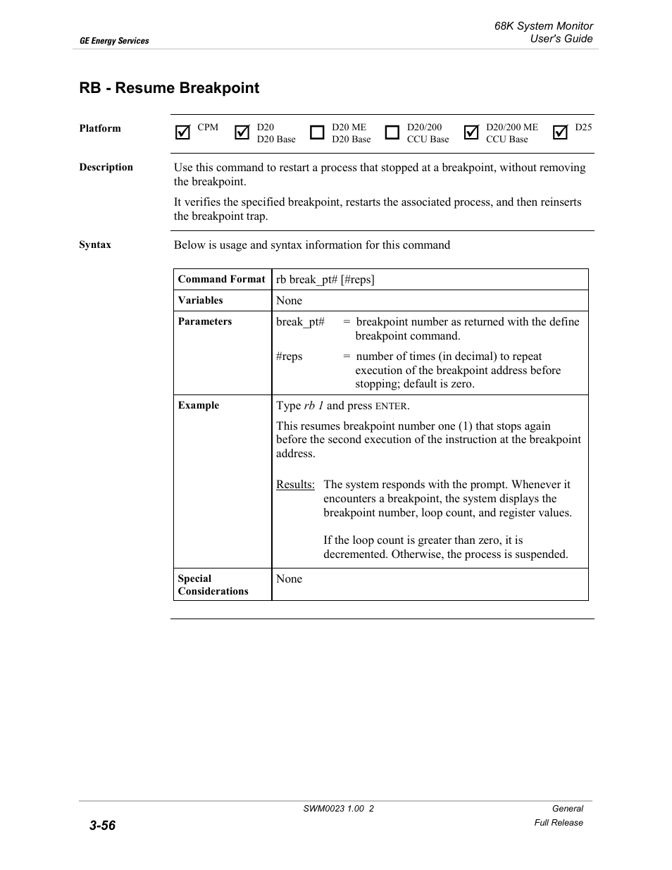 Rb - resume breakpoint, Resume breakpoint -56 | GE 68K System User Manual | Page 82 / 112