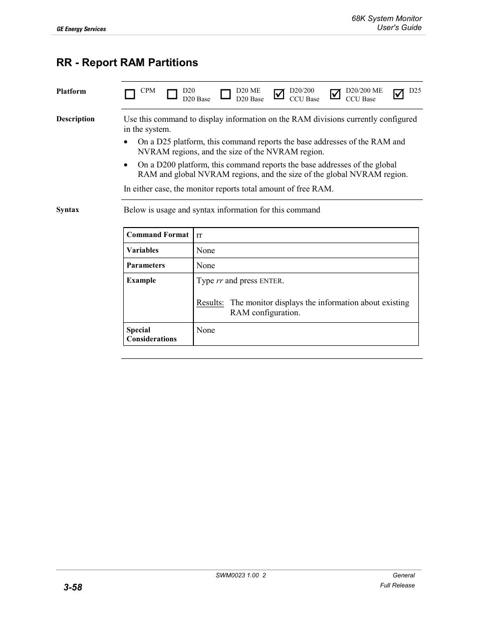 Rr - report ram partitions, Report ram partitions -58 | GE 68K System User Manual | Page 84 / 112