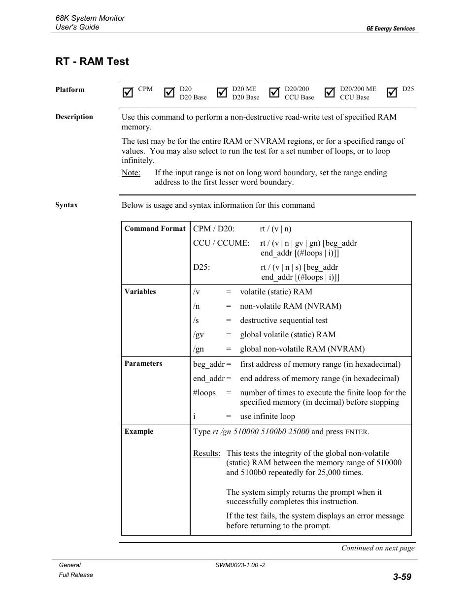 Rt - ram test, Ram test -59 | GE 68K System User Manual | Page 85 / 112