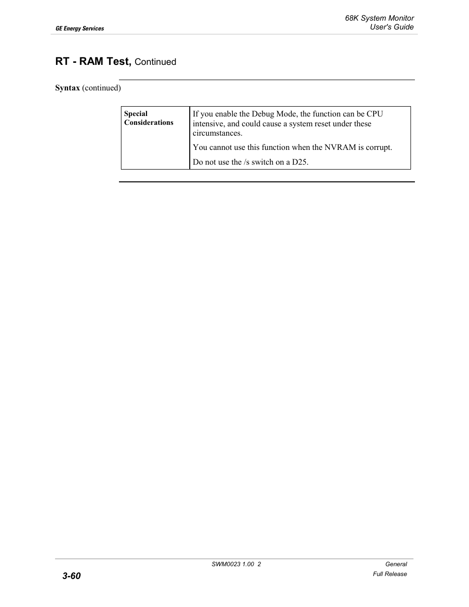 Rt - ram test | GE 68K System User Manual | Page 86 / 112