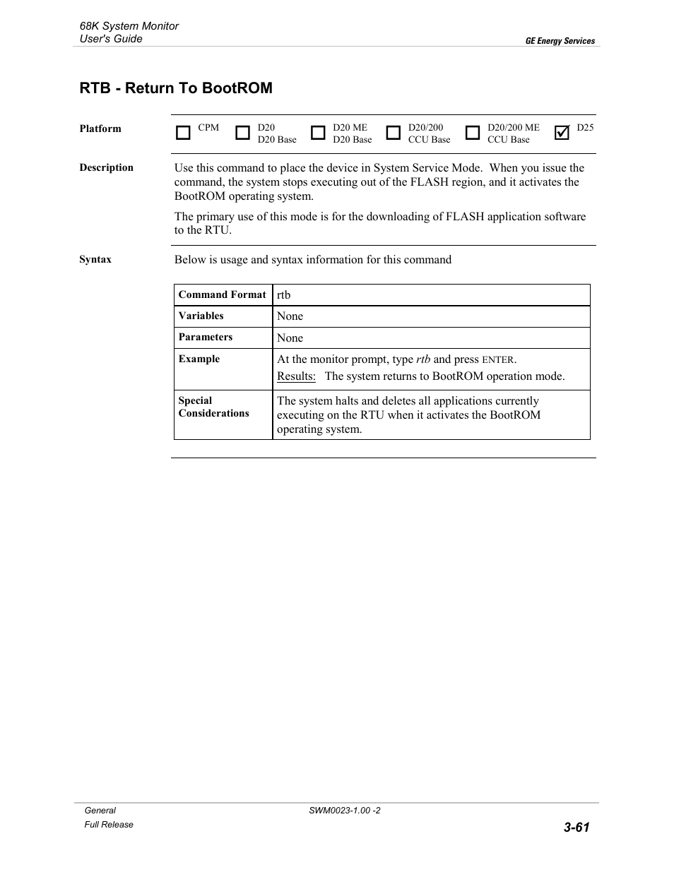 Rtb - return to bootrom, Return to bootrom -61 | GE 68K System User Manual | Page 87 / 112