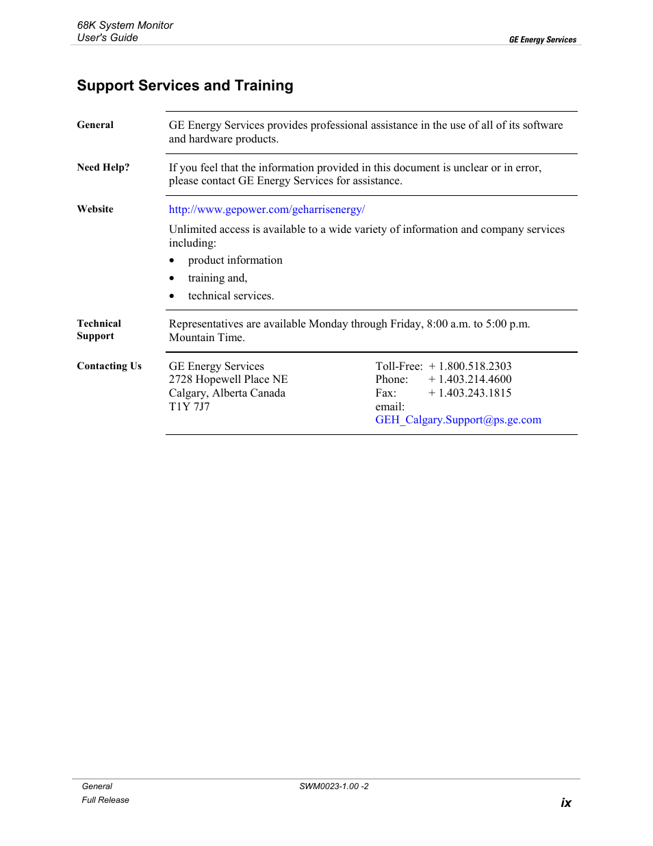 Support services and training | GE 68K System User Manual | Page 9 / 112