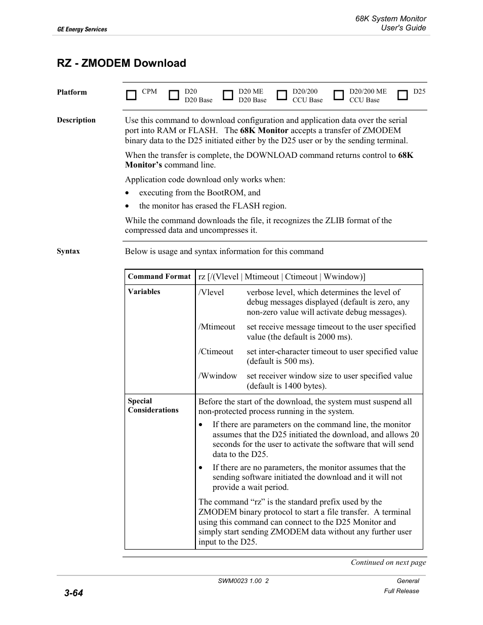 Rz - zmodem download, Zmodem download -64 | GE 68K System User Manual | Page 90 / 112
