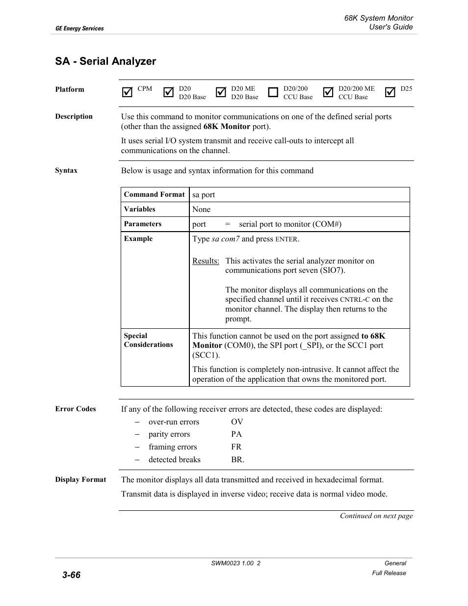 Sa - serial analyzer, Serial analyzer -66 | GE 68K System User Manual | Page 92 / 112