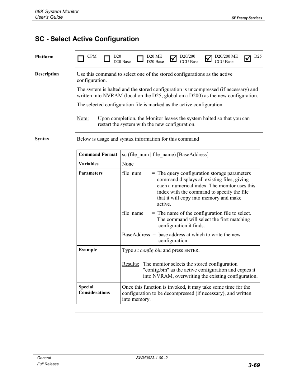 Sc - select active configuration, Select active configuration -69 | GE 68K System User Manual | Page 95 / 112