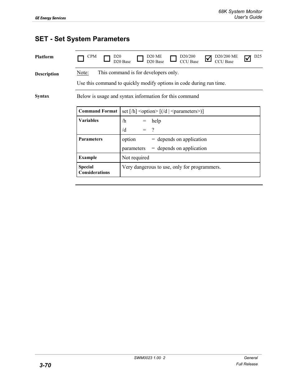 Set - set system parameters, Set system parameters -70 | GE 68K System User Manual | Page 96 / 112