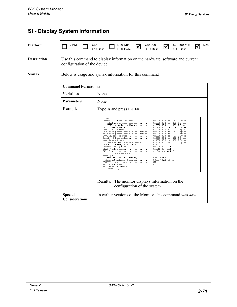 Si - display system information, Display system information -71 | GE 68K System User Manual | Page 97 / 112