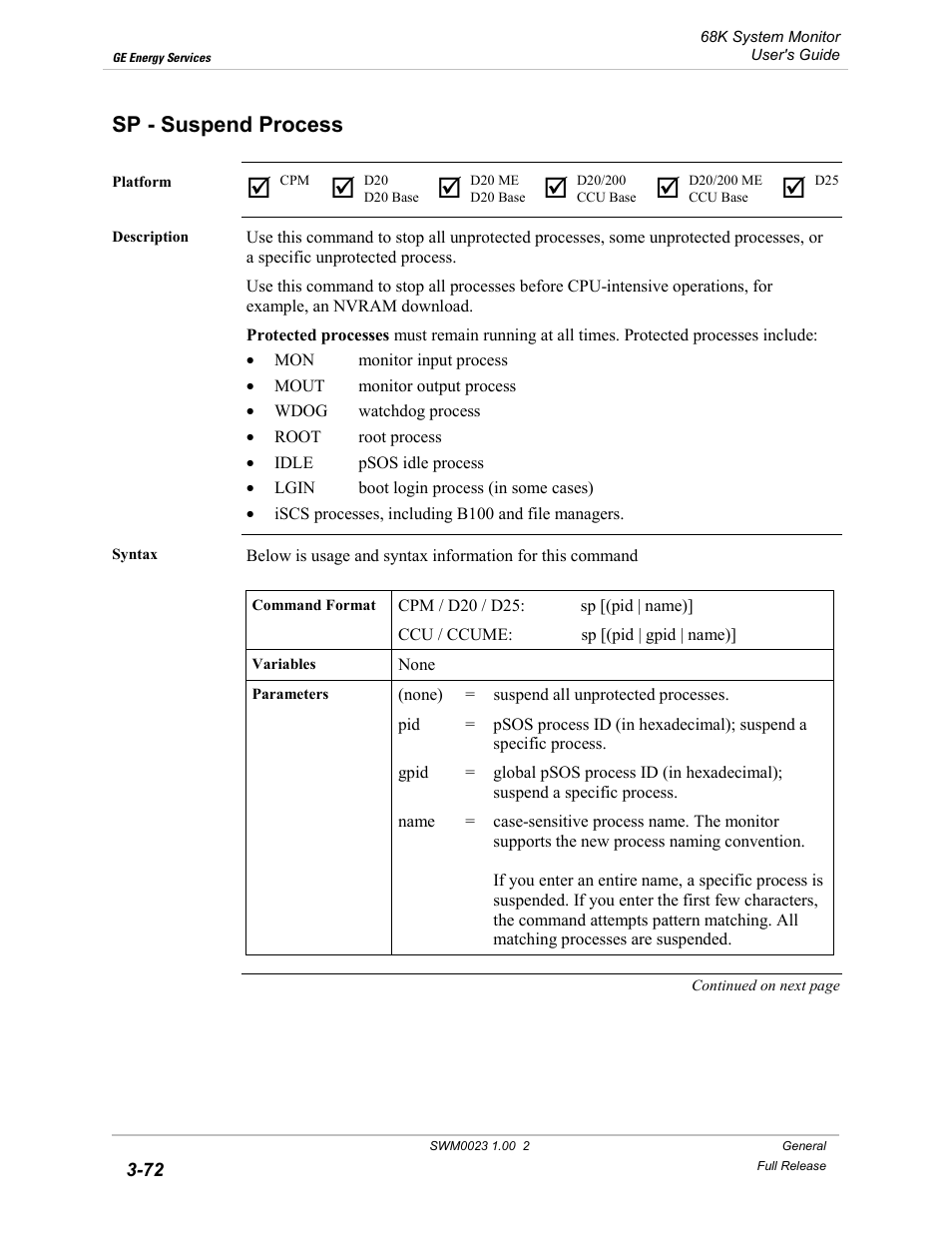 Sp - suspend process, Suspend process -72 | GE 68K System User Manual | Page 98 / 112