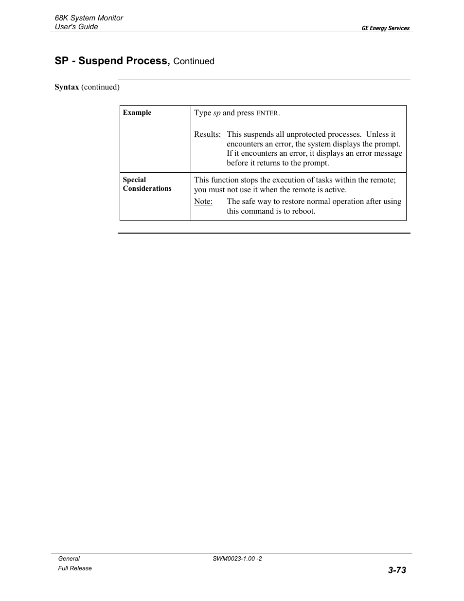 Sp - suspend process | GE 68K System User Manual | Page 99 / 112