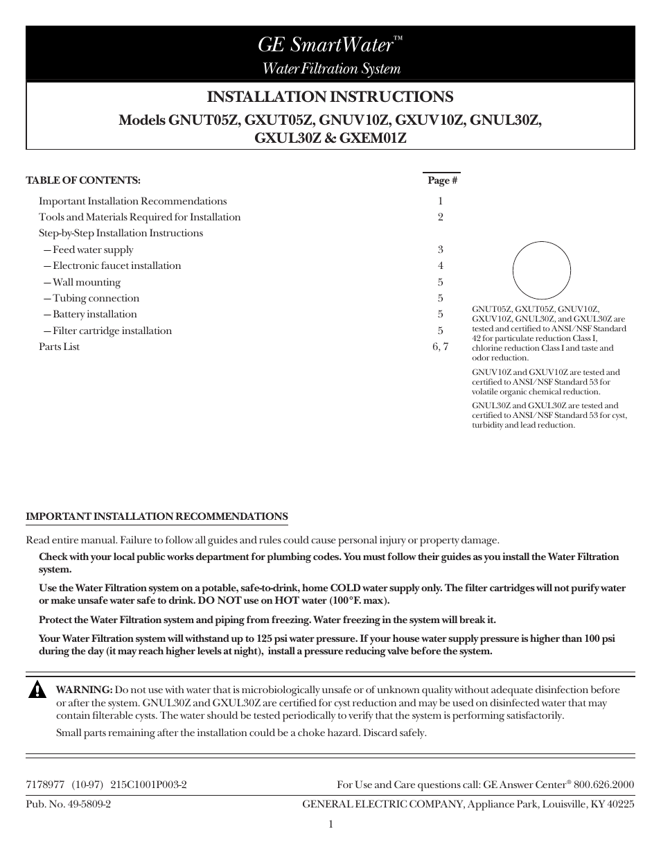 GE SMARTWATER GNUL30Z User Manual | 9 pages