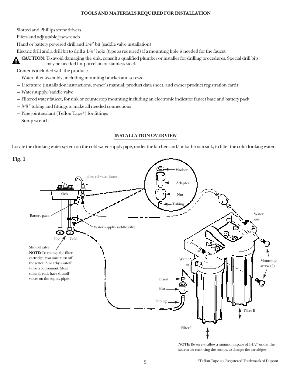 Tools and materials required for installation, Fig. 1 | GE SMARTWATER GNUL30Z User Manual | Page 2 / 9