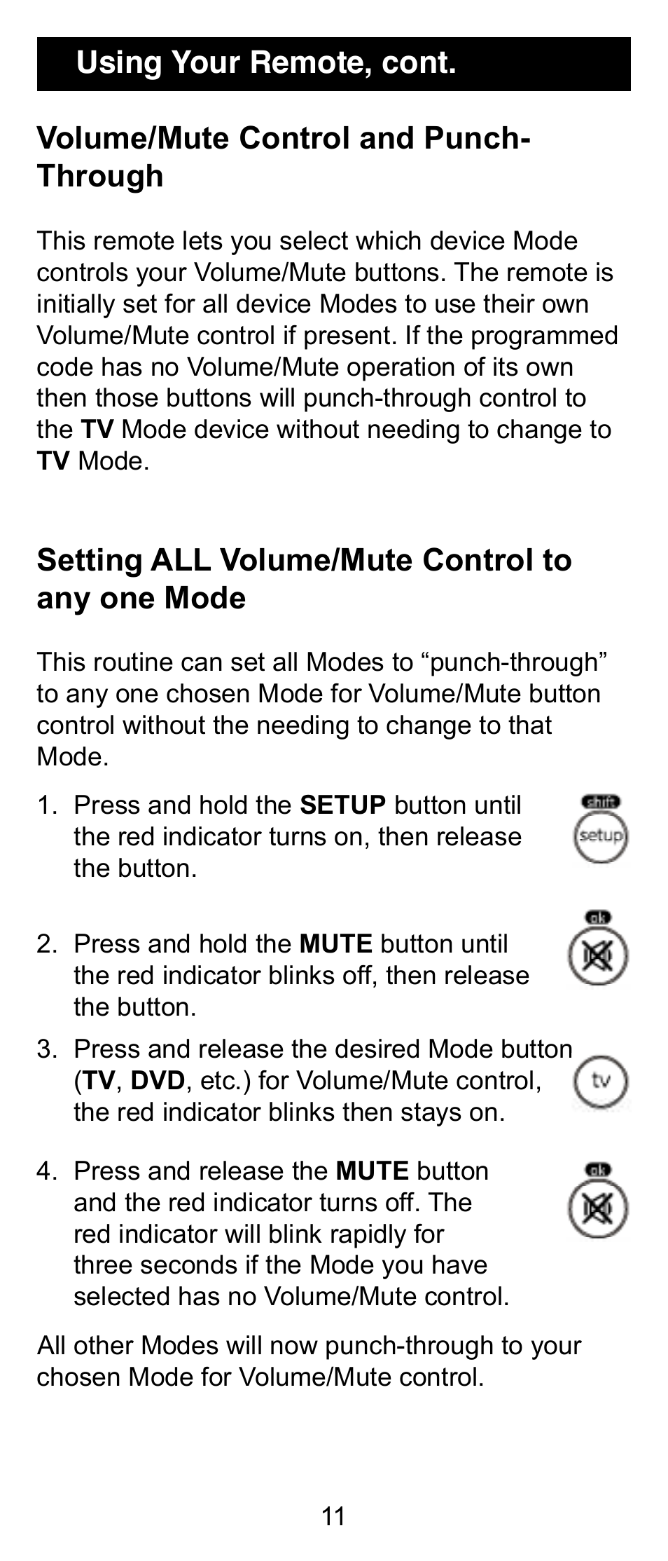 Volume/mute control and punch- through, Setting all volume/mute control to any one mode, Using your remote, cont | GE 24962 User Manual | Page 11 / 16