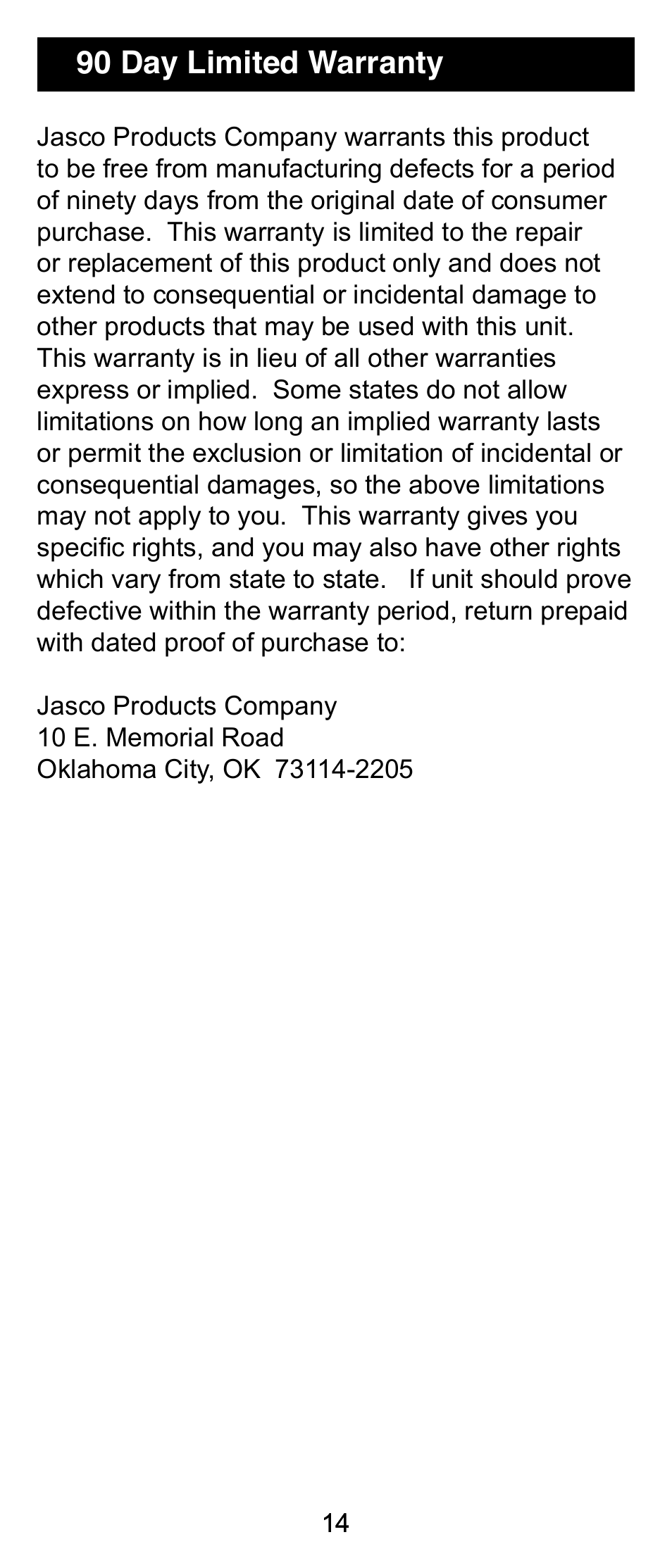 90 day limited warranty | GE 24962 User Manual | Page 14 / 16
