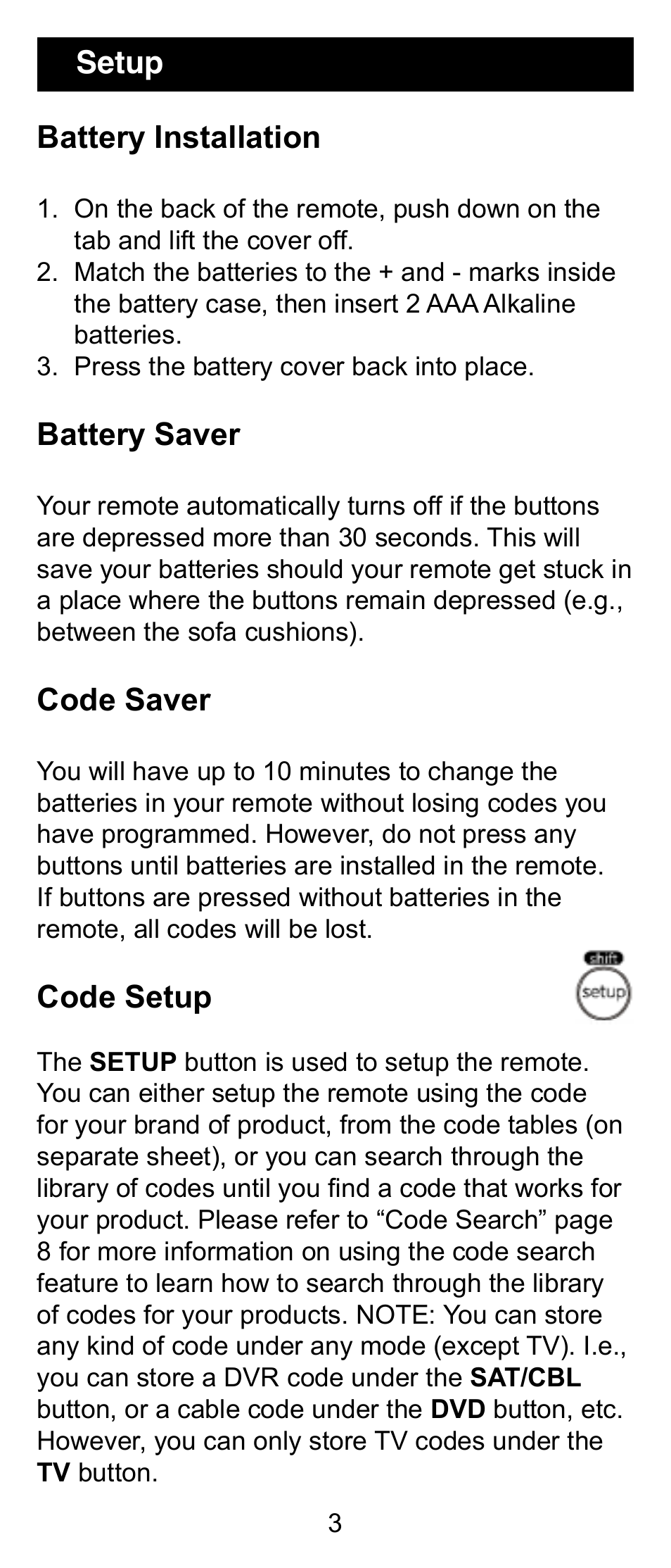 Battery installation, Battery saver, Code saver | Code setup, Setup | GE 24962 User Manual | Page 3 / 16