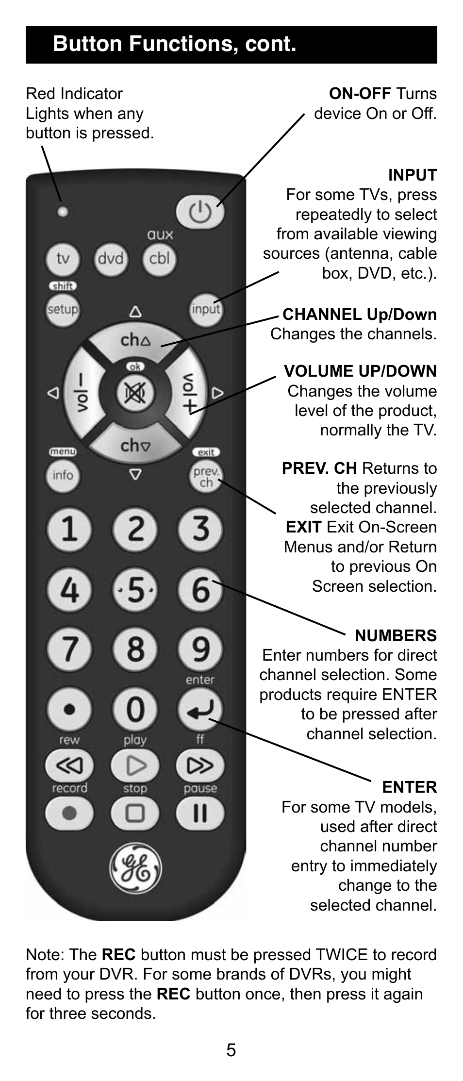 Button functions, cont | GE 24962 User Manual | Page 5 / 16