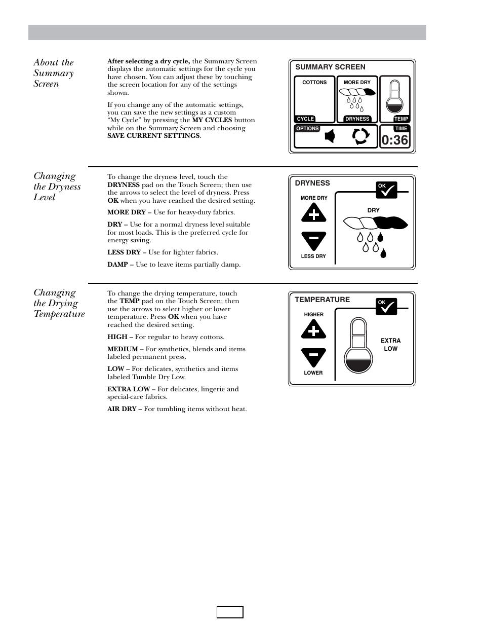 Summary screen, About the summary screen, Changing the dryness level | Changing the drying temperature, 10 – summary screen | GE DPGT750EC/GC User Manual | Page 10 / 63