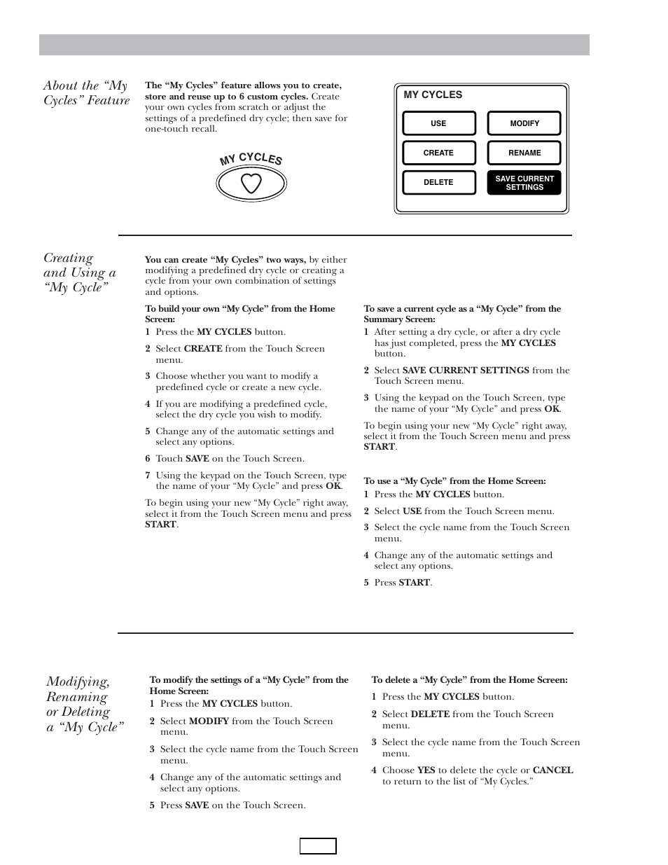 My cycles, Modifying, renaming or deleting a “my cycle, About the “my cycles” feature | Creating and using a “my cycle | GE DPGT750EC/GC User Manual | Page 12 / 63