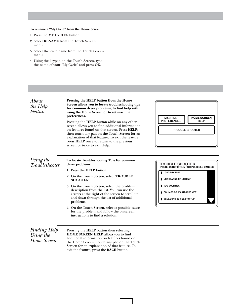 Consumer help screens, About the help feature, Using the troubleshooter | Finding help using the home screen, Consumer help screens my cycles | GE DPGT750EC/GC User Manual | Page 13 / 63