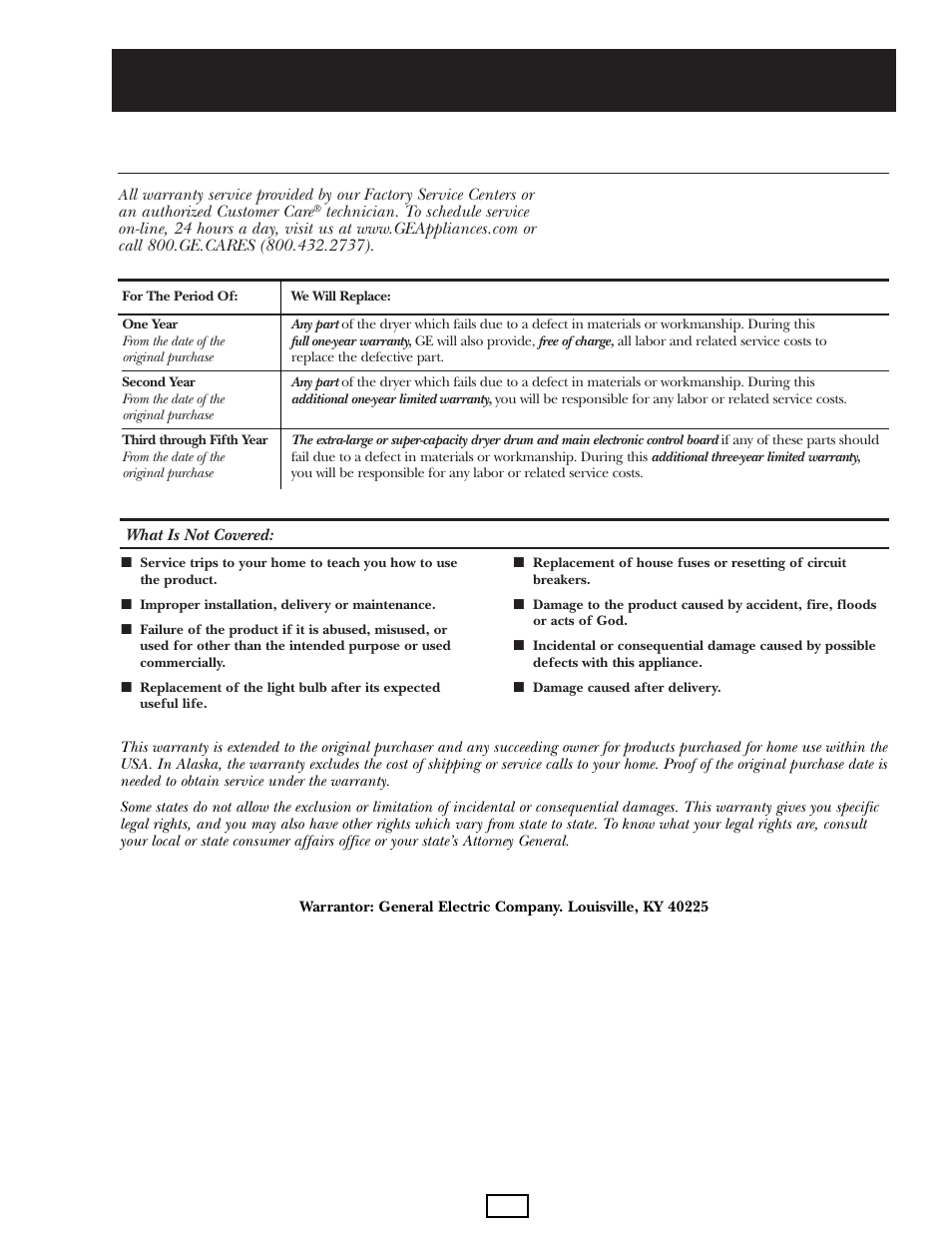 Warranty | GE DPGT750EC/GC User Manual | Page 5 / 63