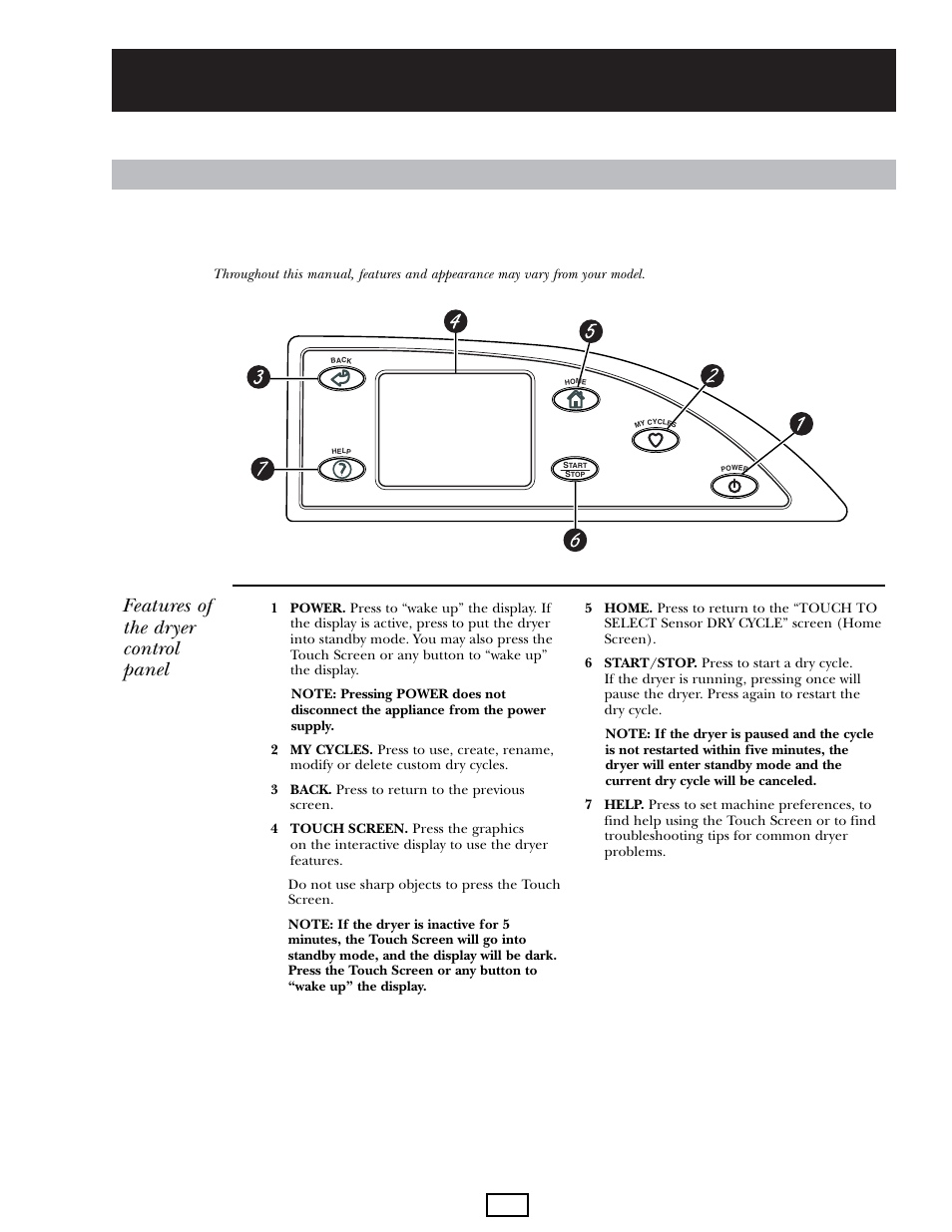 Control features, Dryer control panel, Features of the dryer control panel | GE DPGT750EC/GC User Manual | Page 7 / 63