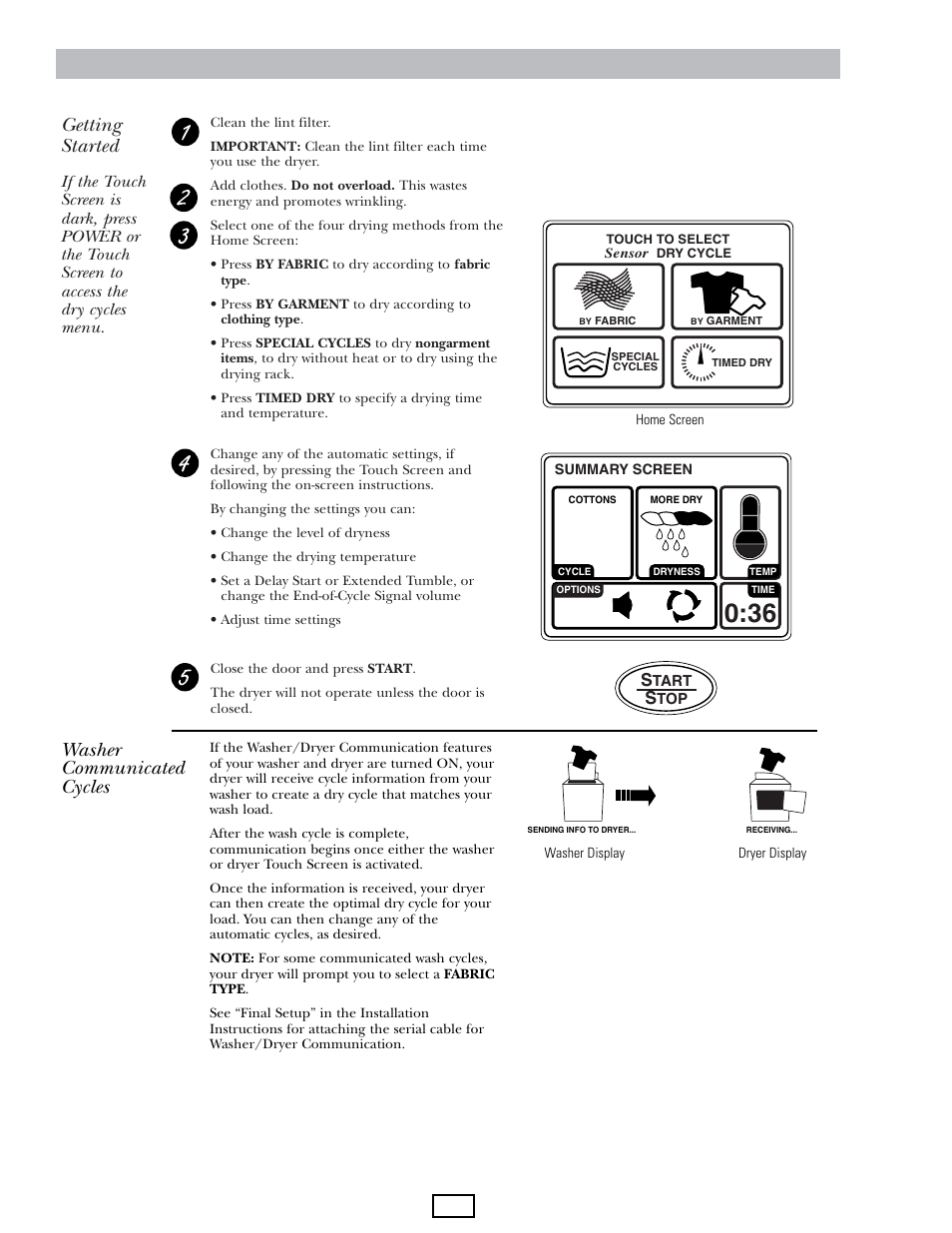 Quick start, Getting started, Washer communicated cycles | 8 – quick start | GE DPGT750EC/GC User Manual | Page 8 / 63