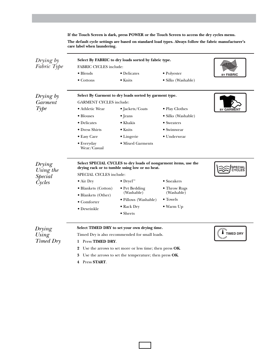 Dry cycles, Drying by fabric type, Drying by garment type | Drying using timed dry, Drying using the special cycles, 9 – dry cycles | GE DPGT750EC/GC User Manual | Page 9 / 63