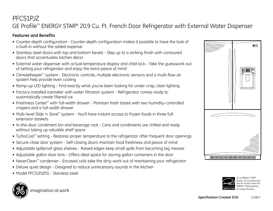 Pfcs1pjz, Ge profile, Energy star | GE ENERGY STAR PFCS1PJX User Manual | Page 2 / 2