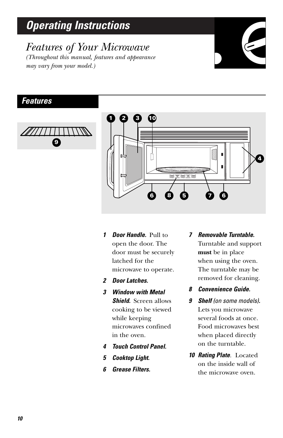 Operating instructions, Features of your microwave, Operating instructions features of your microwave | Features | GE HVM1540 User Manual | Page 10 / 40