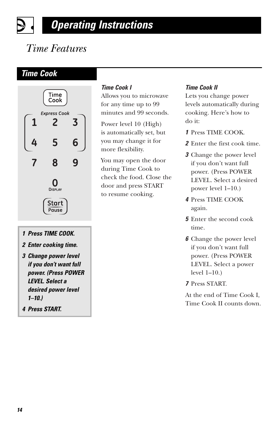 Time cooking, Operating instructions time features, Time cook | GE HVM1540 User Manual | Page 14 / 40