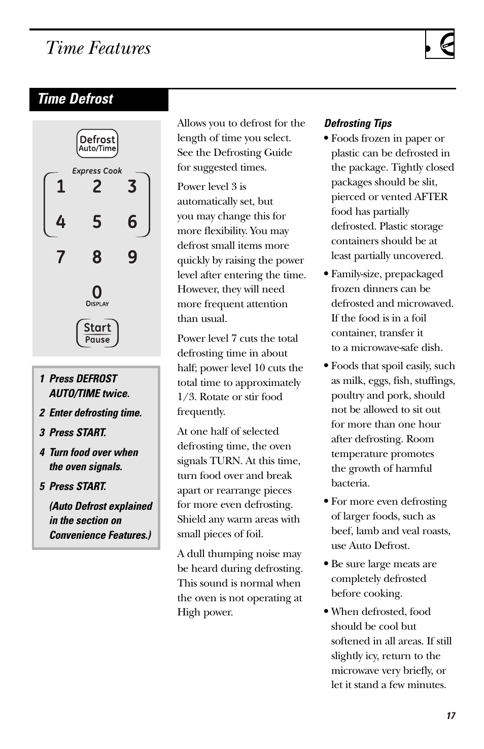 Time features, Time defrost | GE HVM1540 User Manual | Page 17 / 40