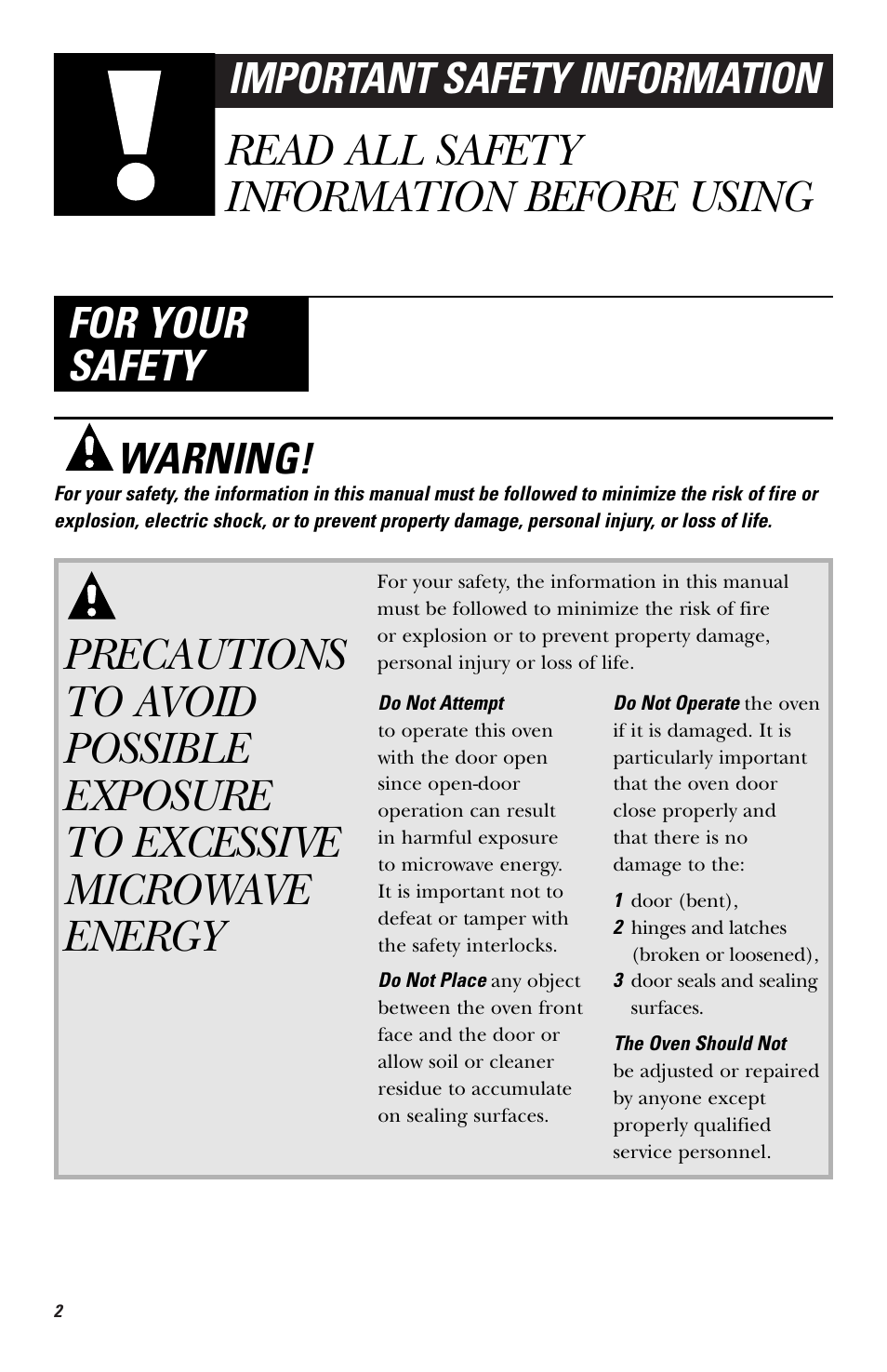 Important safety information, Precautions to avoid possible exposure, To excessive microwave energy | Read all safety information before using, For your safety, Warning | GE HVM1540 User Manual | Page 2 / 40