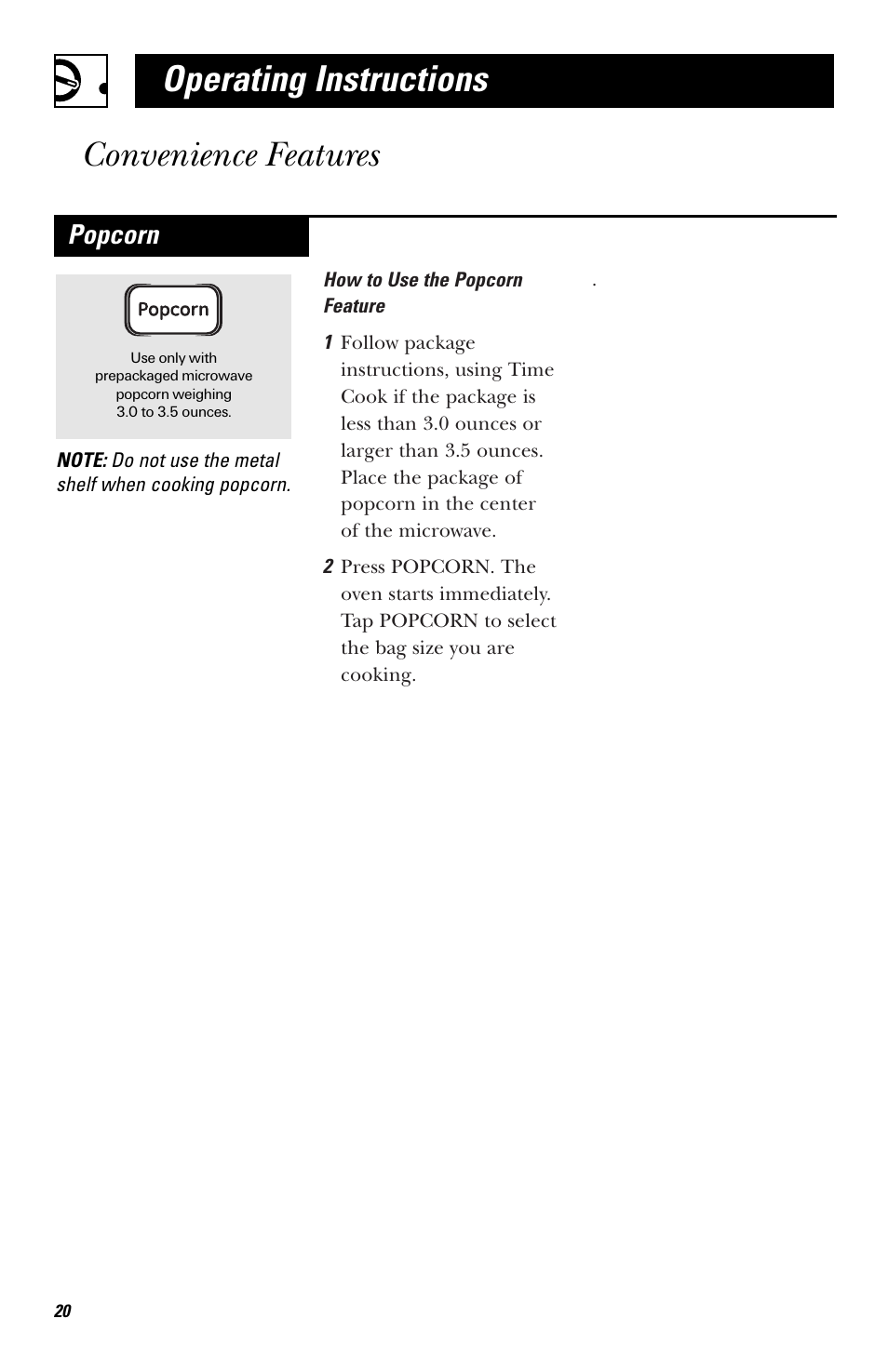 Automatic cooking, Operating instructions convenience features, Popcorn | GE HVM1540 User Manual | Page 20 / 40