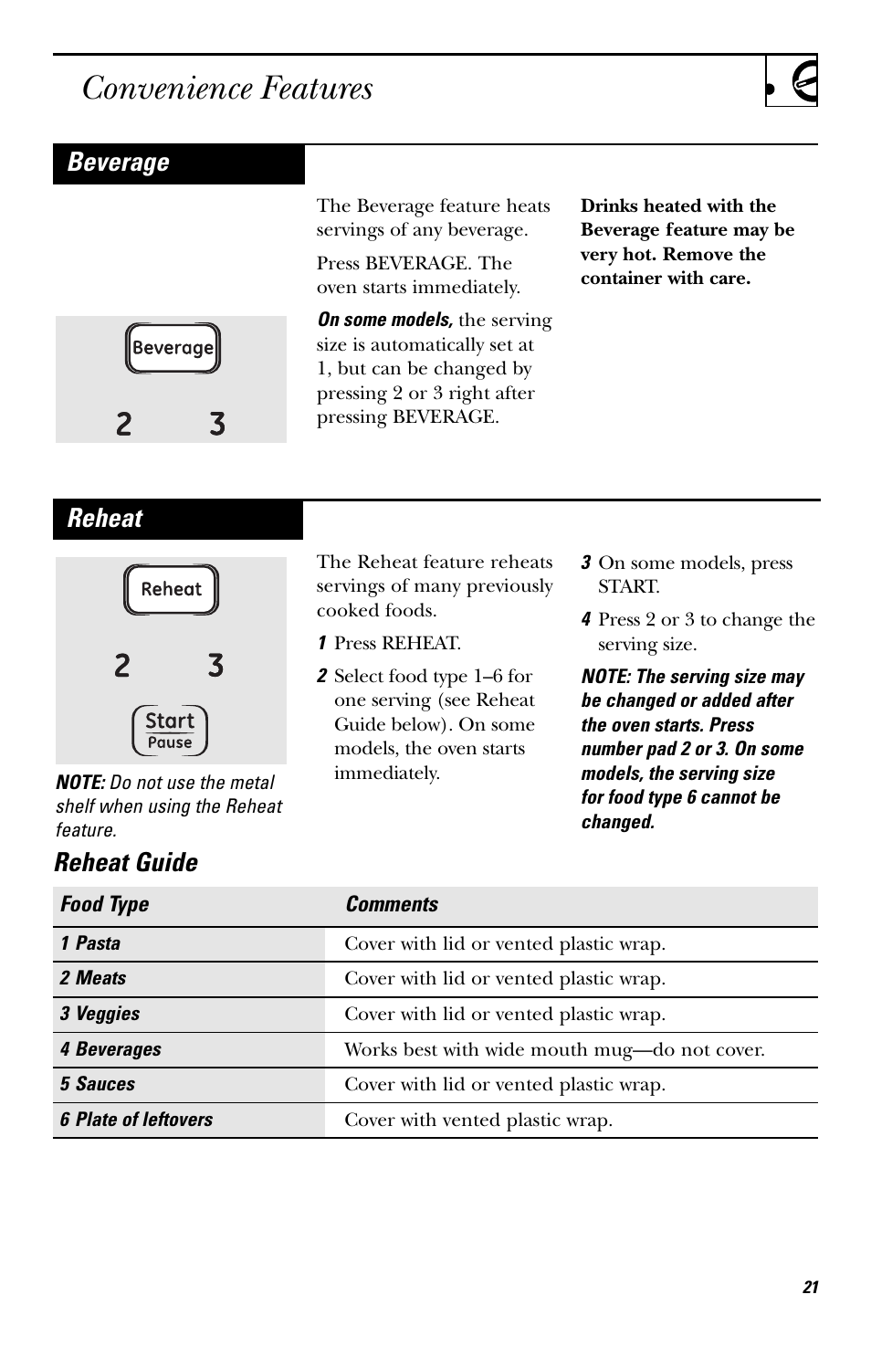 Convenience features, Reheat, Reheat guide | Beverage | GE HVM1540 User Manual | Page 21 / 40