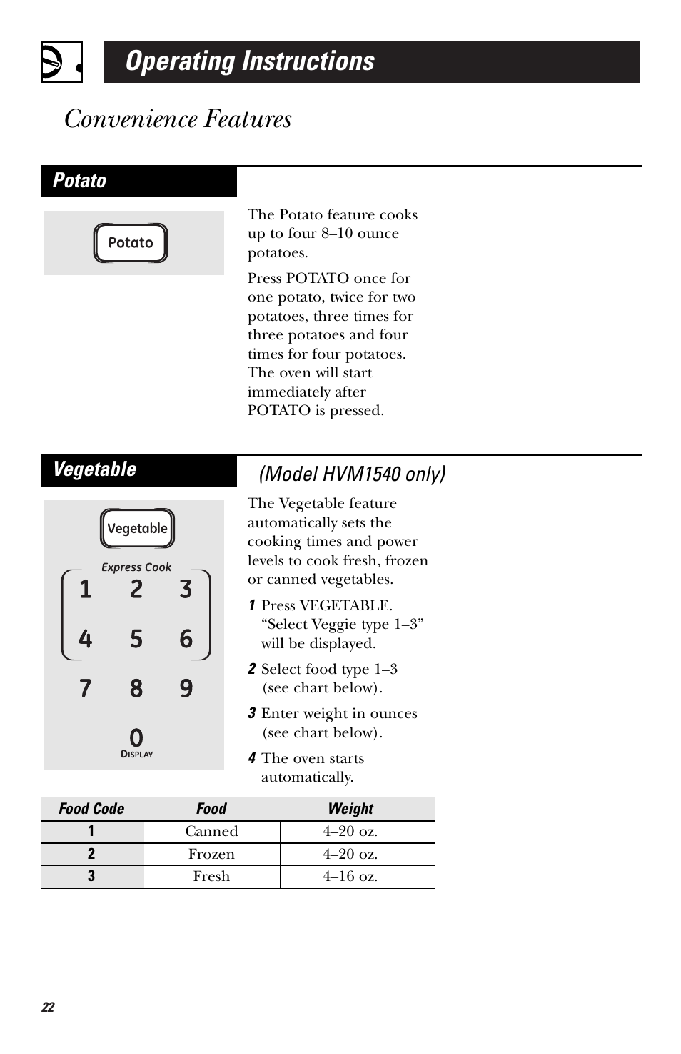 Operating instructions convenience features, Potato, Vegetable (model hvm1540 only) | GE HVM1540 User Manual | Page 22 / 40