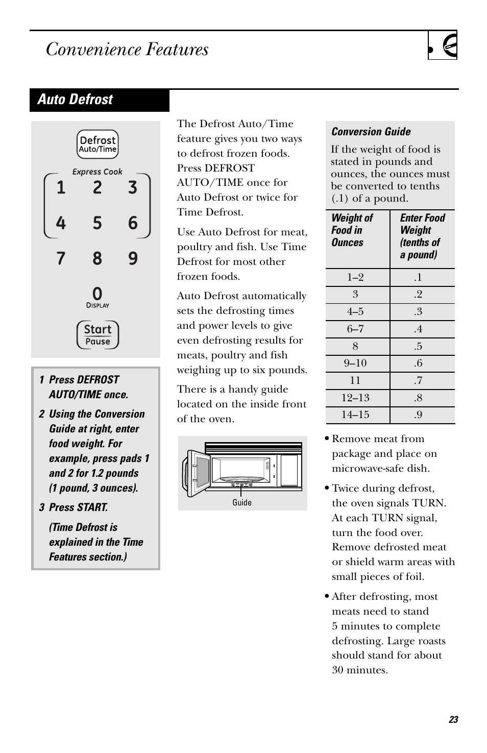 Convenience features, Auto defrost | GE HVM1540 User Manual | Page 23 / 40