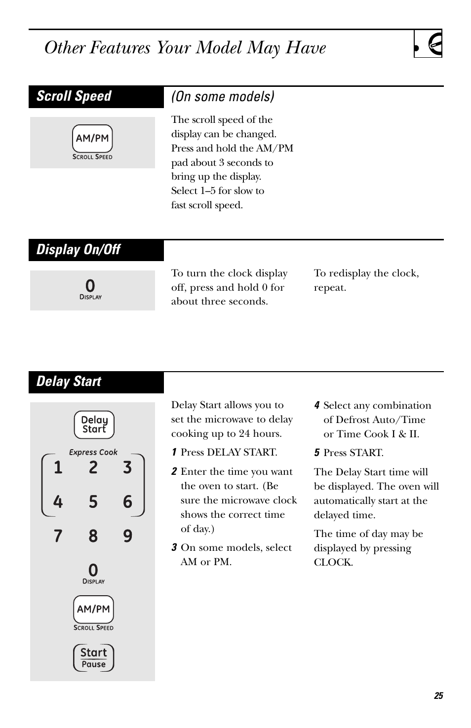 Other features your model may have, On some models), Scroll speed | Display on/off, Delay start | GE HVM1540 User Manual | Page 25 / 40