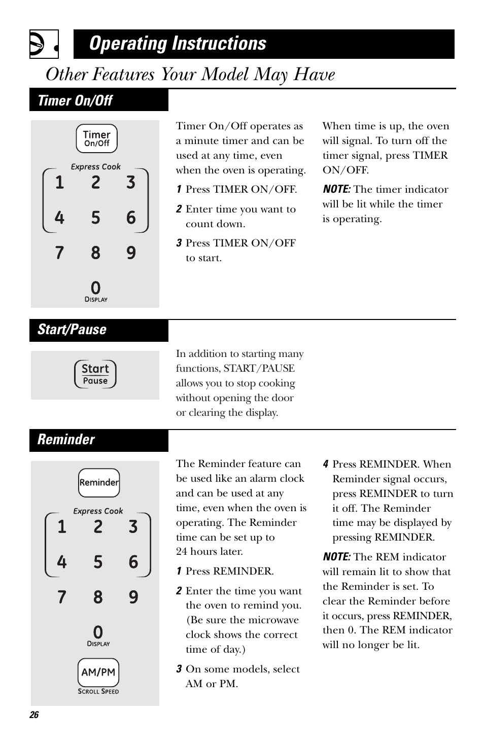 Start/pause, Reminder, Timer on/off | GE HVM1540 User Manual | Page 26 / 40