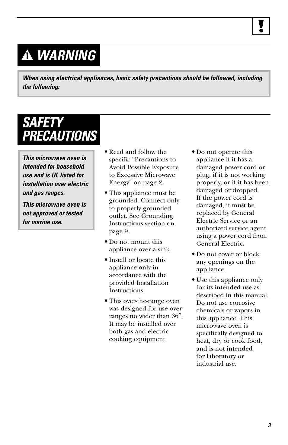 Warning, Safety precautions | GE HVM1540 User Manual | Page 3 / 40