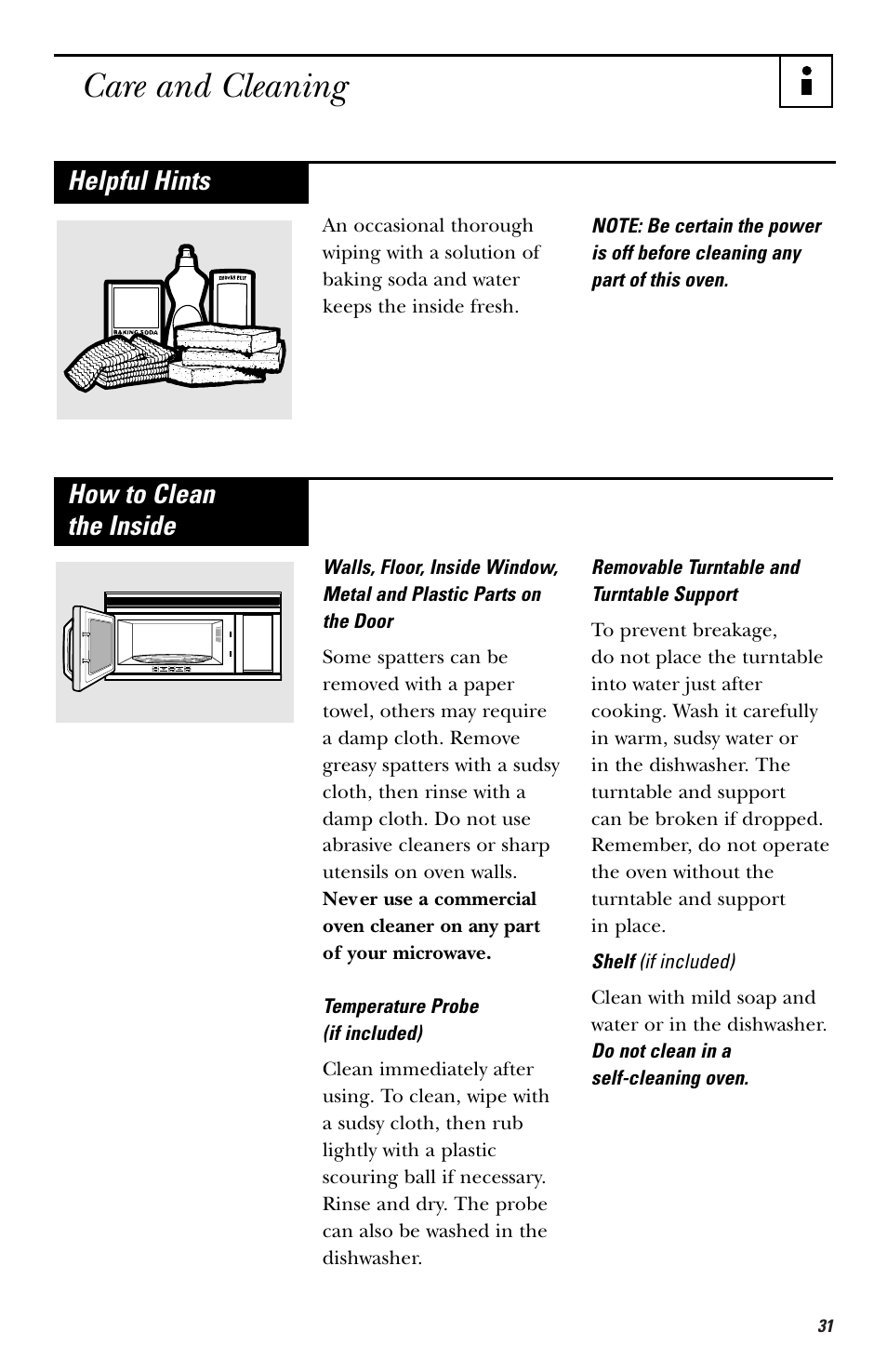 Care and cleaning, Helpful hints, How to clean the inside | GE HVM1540 User Manual | Page 31 / 40