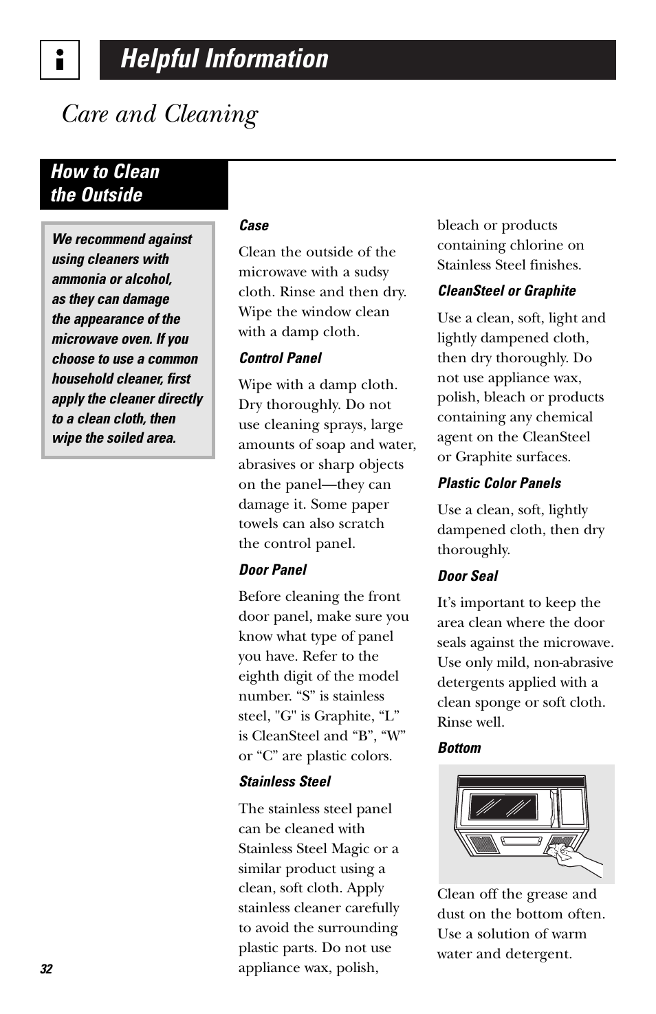 Helpful information care and cleaning, How to clean the outside | GE HVM1540 User Manual | Page 32 / 40