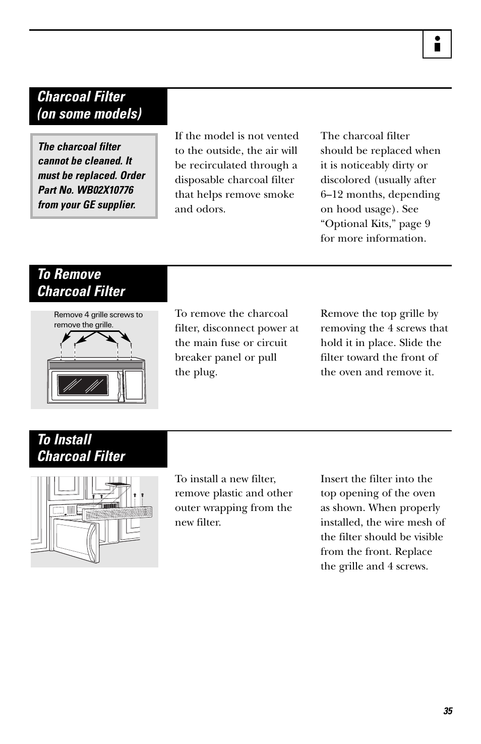 Charcoal filter (on some models) | GE HVM1540 User Manual | Page 35 / 40