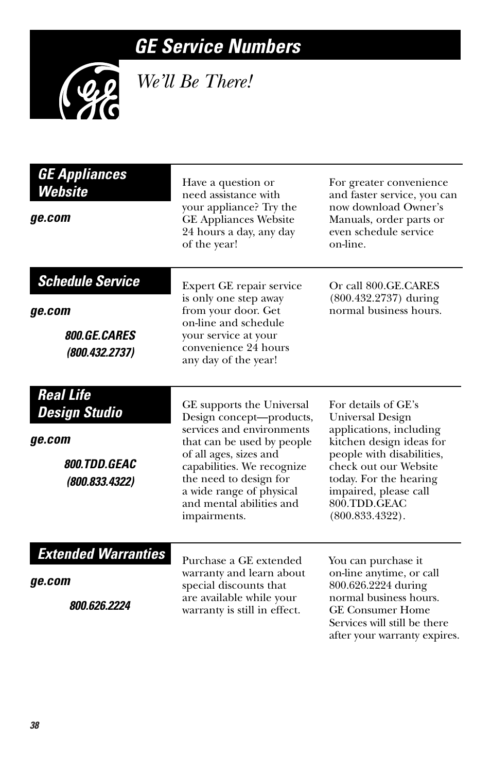 Ge service numbers, Ge service numbers we’ll be there | GE HVM1540 User Manual | Page 38 / 40