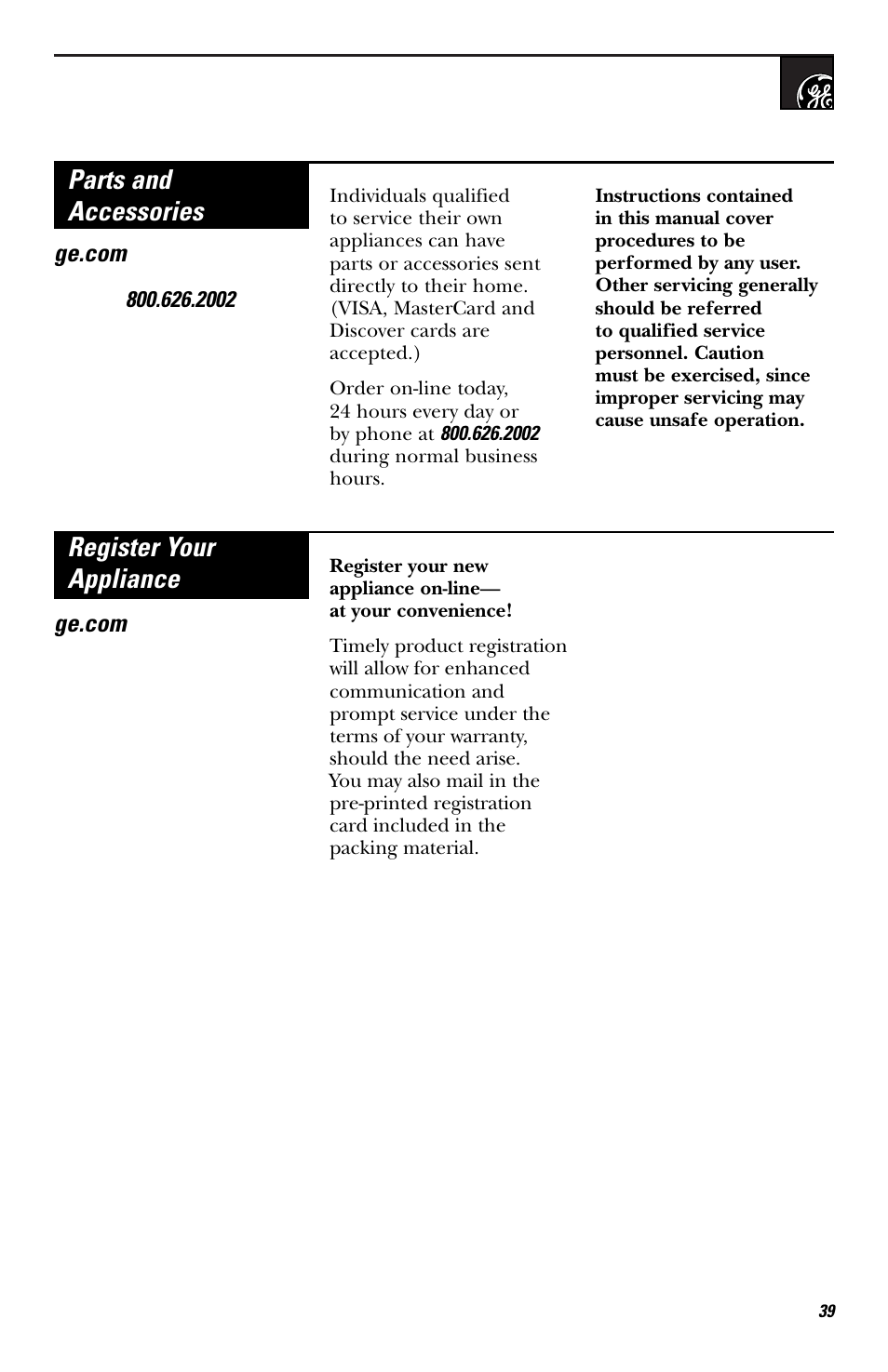 Parts and accessories, Register your appliance | GE HVM1540 User Manual | Page 39 / 40