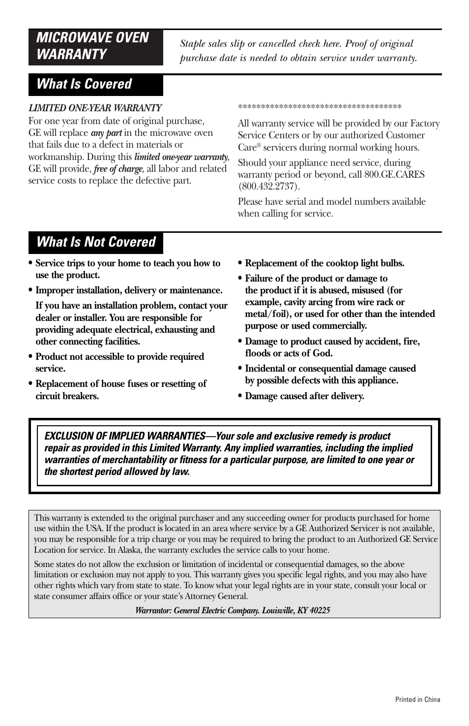 Warranty, Warranty back, Cover | GE HVM1540 User Manual | Page 40 / 40
