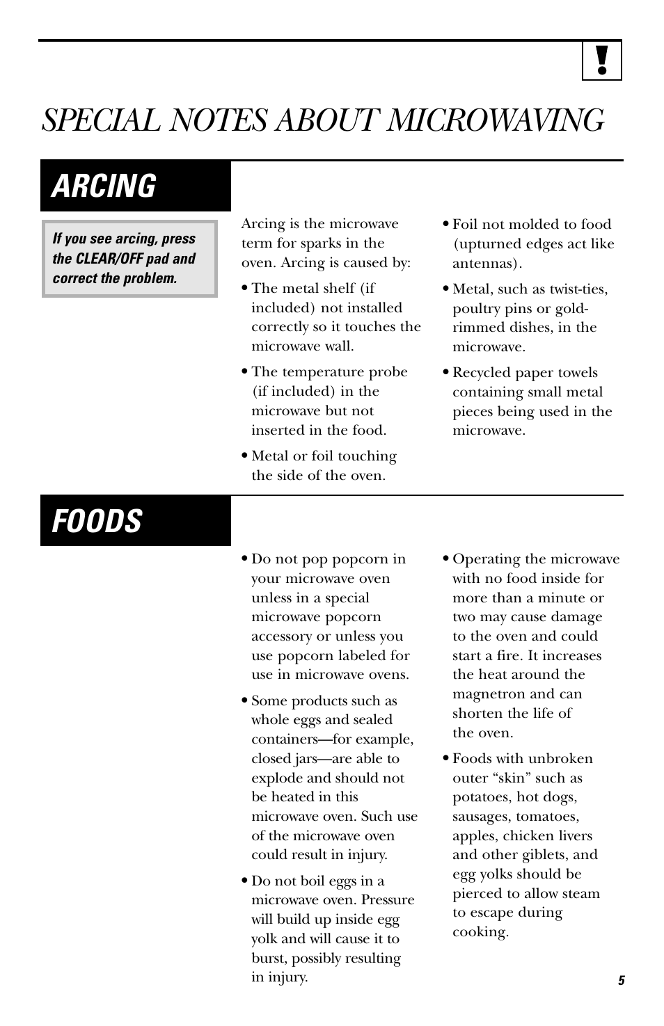 Special notes about microwaving, Arcing, Foods | GE HVM1540 User Manual | Page 5 / 40