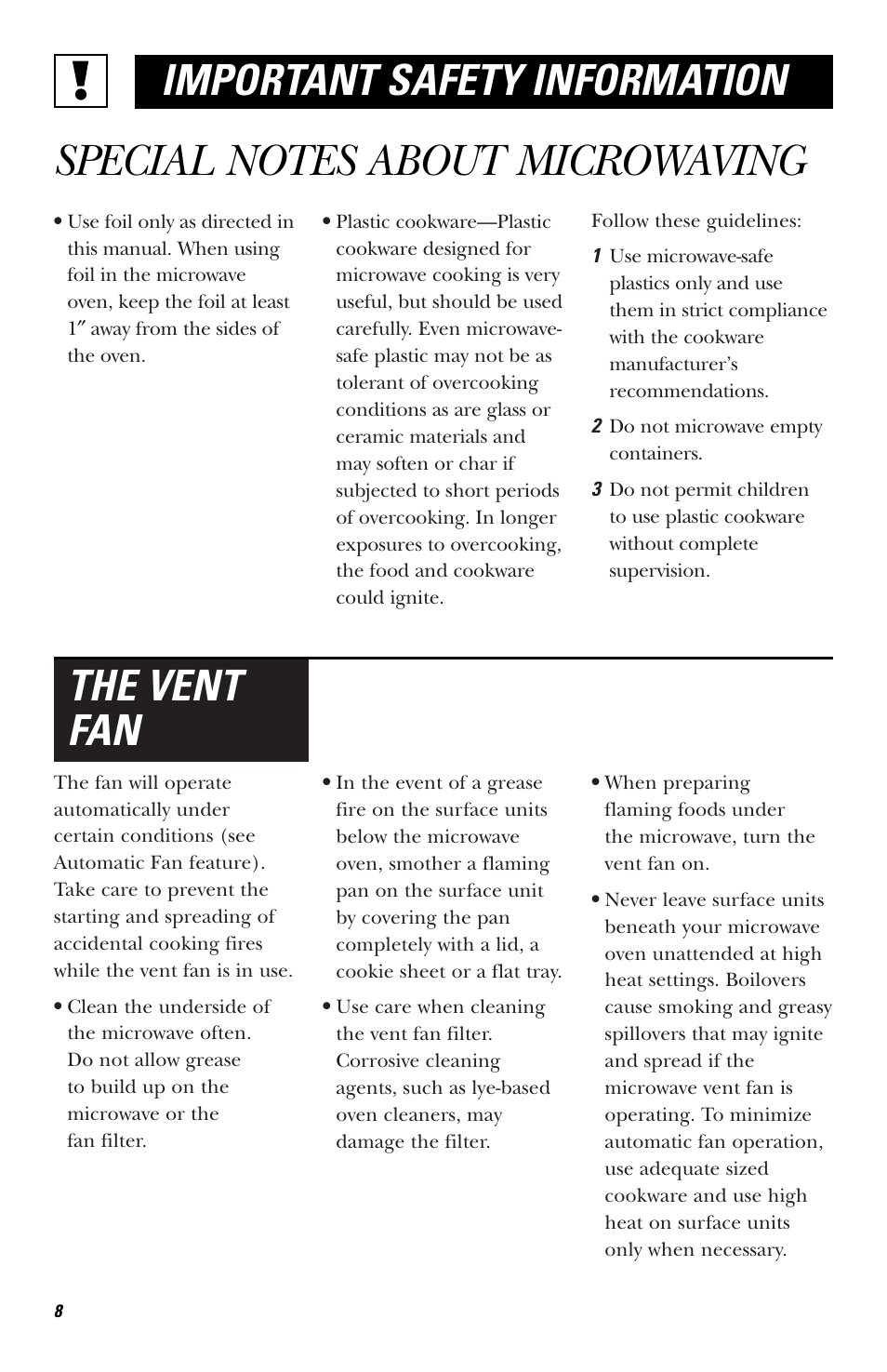 The vent fan important safety information | GE HVM1540 User Manual | Page 8 / 40