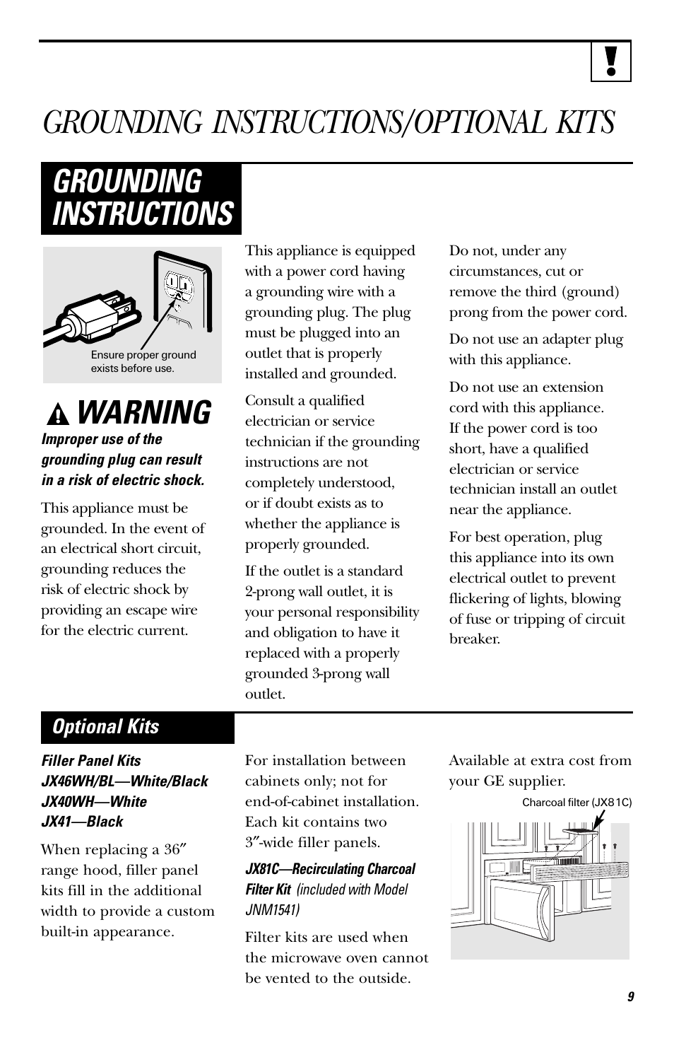 Grounding instructions/optional kits, Warning, Grounding instructions | Optional kits | GE HVM1540 User Manual | Page 9 / 40