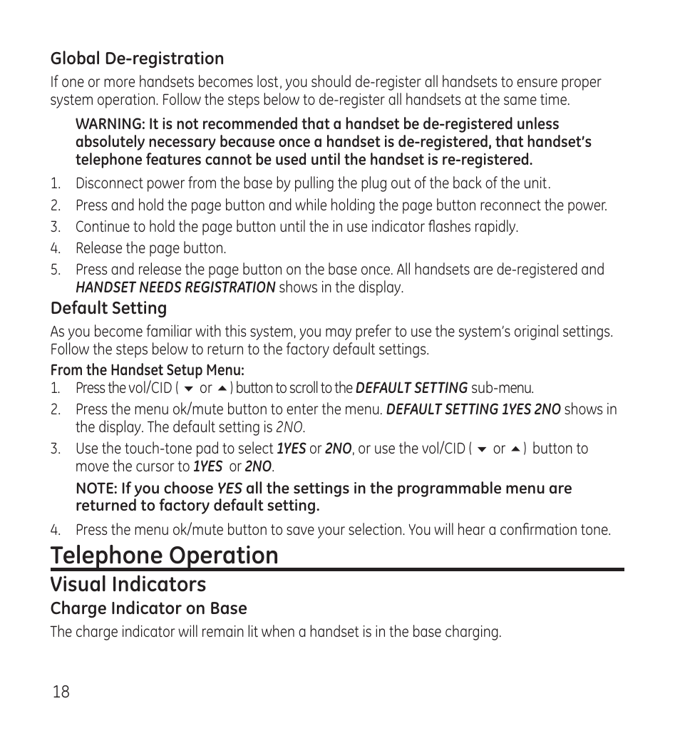 Telephone operation, Visual indicators | GE 28115 User Manual | Page 18 / 84