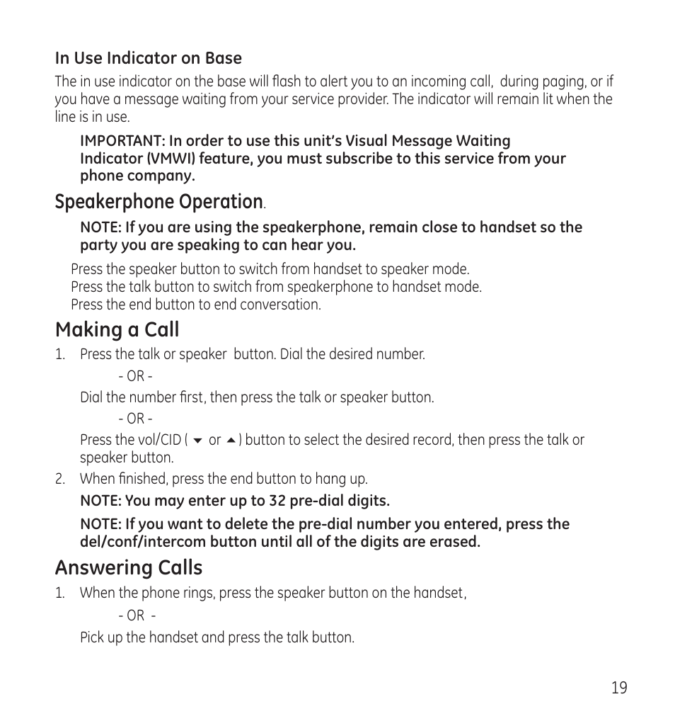Speakerphone operation, Making a call, Answering calls | GE 28115 User Manual | Page 19 / 84