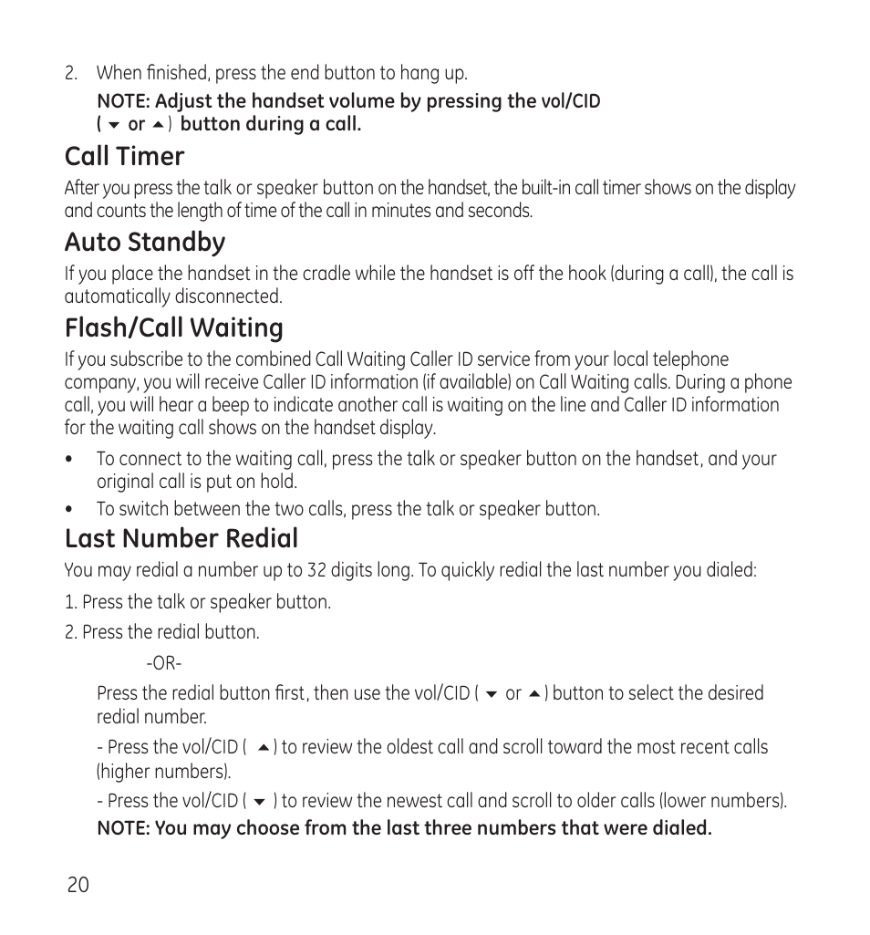 Call timer, Auto standby, Flash/call waiting | Last number redial | GE 28115 User Manual | Page 20 / 84